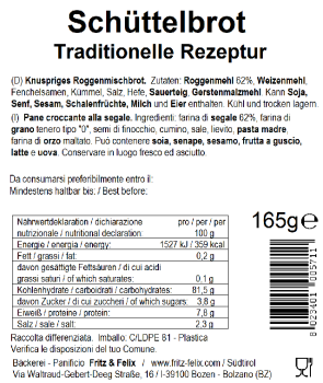 Fritz&Felix Schüttelbrot Handgemacht 165 Gramm