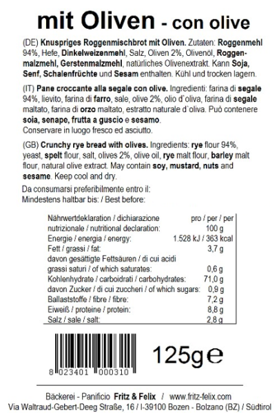 Fritz&Felix Mini Schüttelbrot Olive "Kalamon" 125 Gramm
