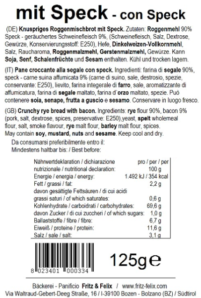 Fritz&Felix Mini Schüttelbrot Speck 125 Gramm