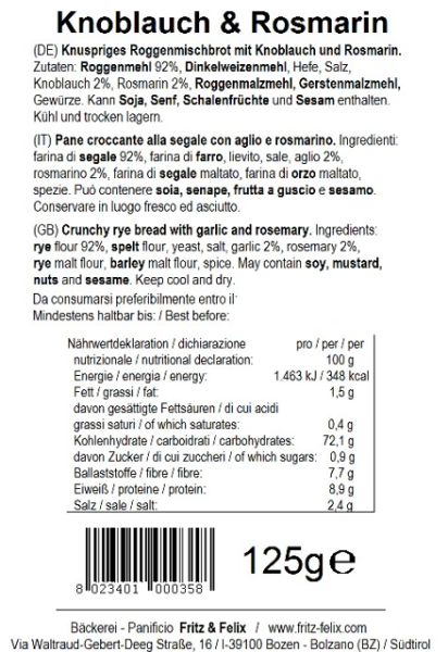 Fritz&Felix Mini Schüttelbrot Knoblauch & Rosmarin 125 Gramm