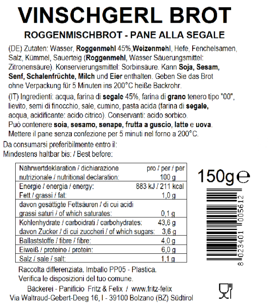 Fritz&Felix Vinschgerl Brot Original 300 Gramm (2 Paarl Brote)