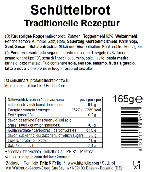 Fritz&Felix Schüttelbrot Handgemacht 165 Gramm