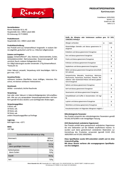 Rinner - Kaminwurzen 3 Stück vak.,  ca. 180g